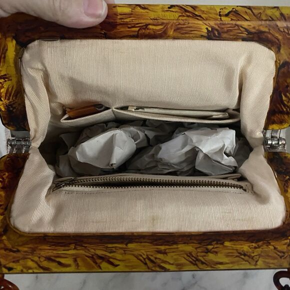 Vintage Handbag Needlepoint Floral Tortoise Handle Strap Mirror Comb Coin Purse - Picture 9 of 16